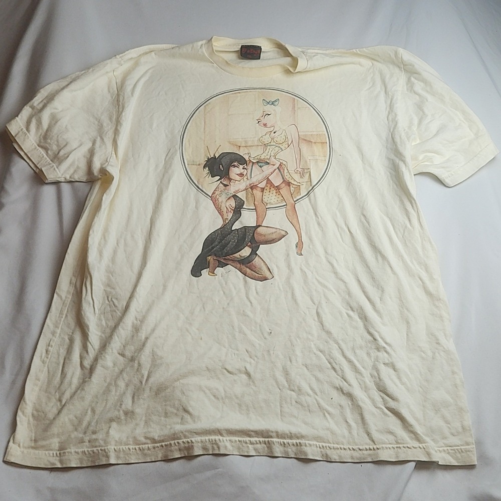Lowbrow Art Co. T-Shirt Pin-Up Tattoo Girl Graphic Cream Size XXL